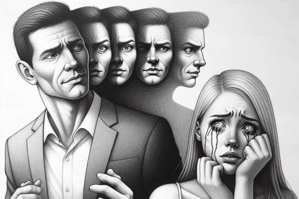 Ein Mann mit wechselnden Gesichtern steht vor einer verängstigten, weinenden Frau – ein Symbol für Manipulation und emotionale Gewalt, das zeigt, warum ein Toxische-Beziehung-Selbsttest wichtig sein kann.