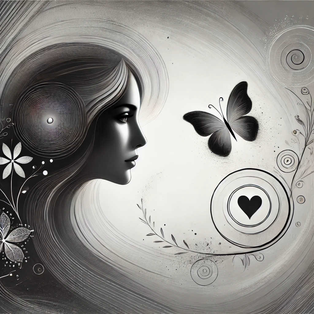 Das Bild zeigt das Profil einer Frau, umgeben von fließenden Linien und floralen Mustern - ein Symbol der Selbstliebe in der Psychologie und der inneren Wandlung nach einer emotionalen Transformation.