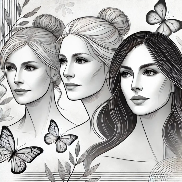 Drei Frauen blicken selbstbewusst in verschiedene Richtungen, umgeben von Schmetterlingen und floralen Elementen - ein Symbol für Selbstliebe, innere Stärke und persönliches Wachstum.