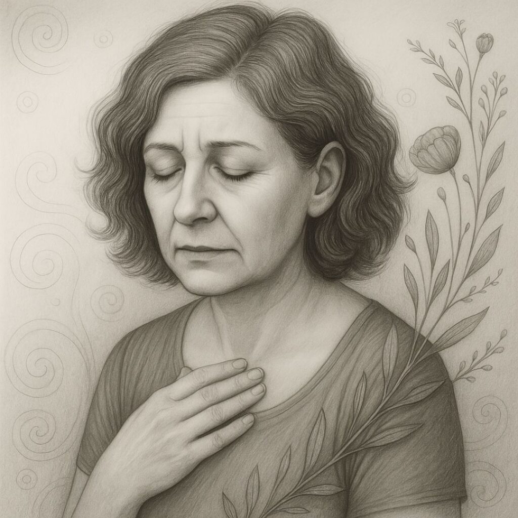 Nachdenkliche Frau mit geschlossenen Augen und Hand auf der Brust – symbolischer Moment der Heilung nach einer toxischen Beziehung mit einem narzisstischen Partner.