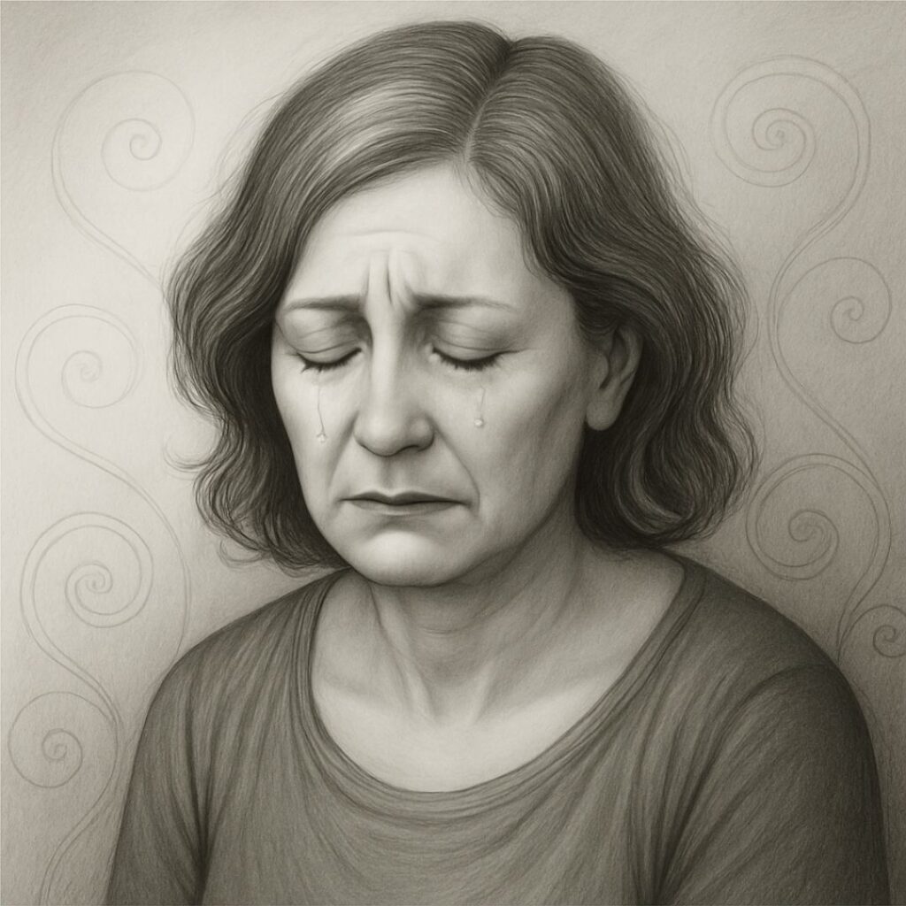 Weinende Frau mit geschlossenen Augen – Ausdruck von Schmerz und Trauer nach einer toxischen Beziehung mit einem narzisstischen Partner.