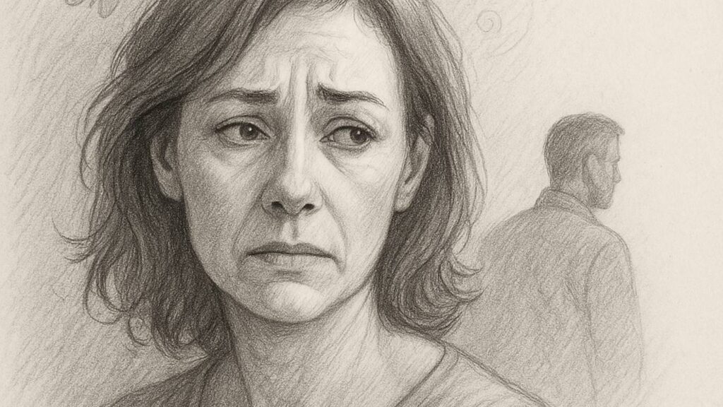 Traurige Frau blickt weg, während ein Mann im Hintergrund geht – symbolisch für Trennung und emotionalen Schmerz.